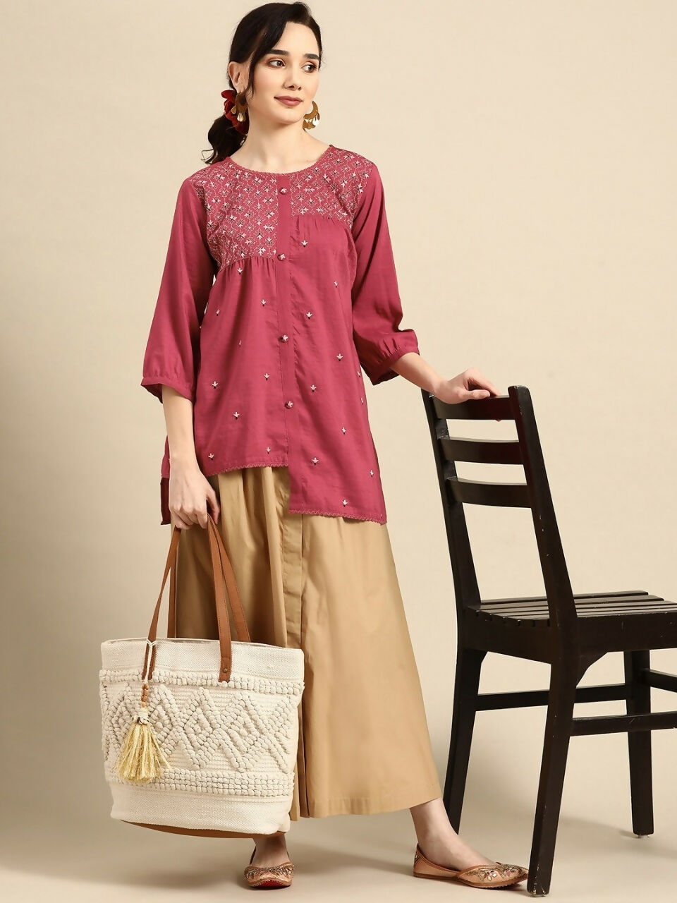 Women's Pink Viscose blend Embroidered Short Top - Marina