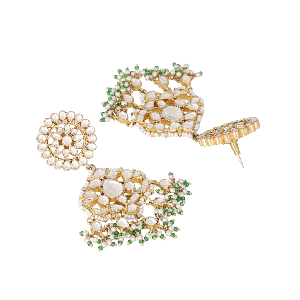 Nuyug 22K Gold Plated Traditional Kundan Studded Contemporary Dangler Earrings with Pearl and Green Bead Accents - Distacart