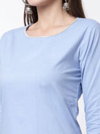 Myshka Blue Cotton 3/4 Sleeve Round Neck Solid Casual Kurta Pant Dupatta Set