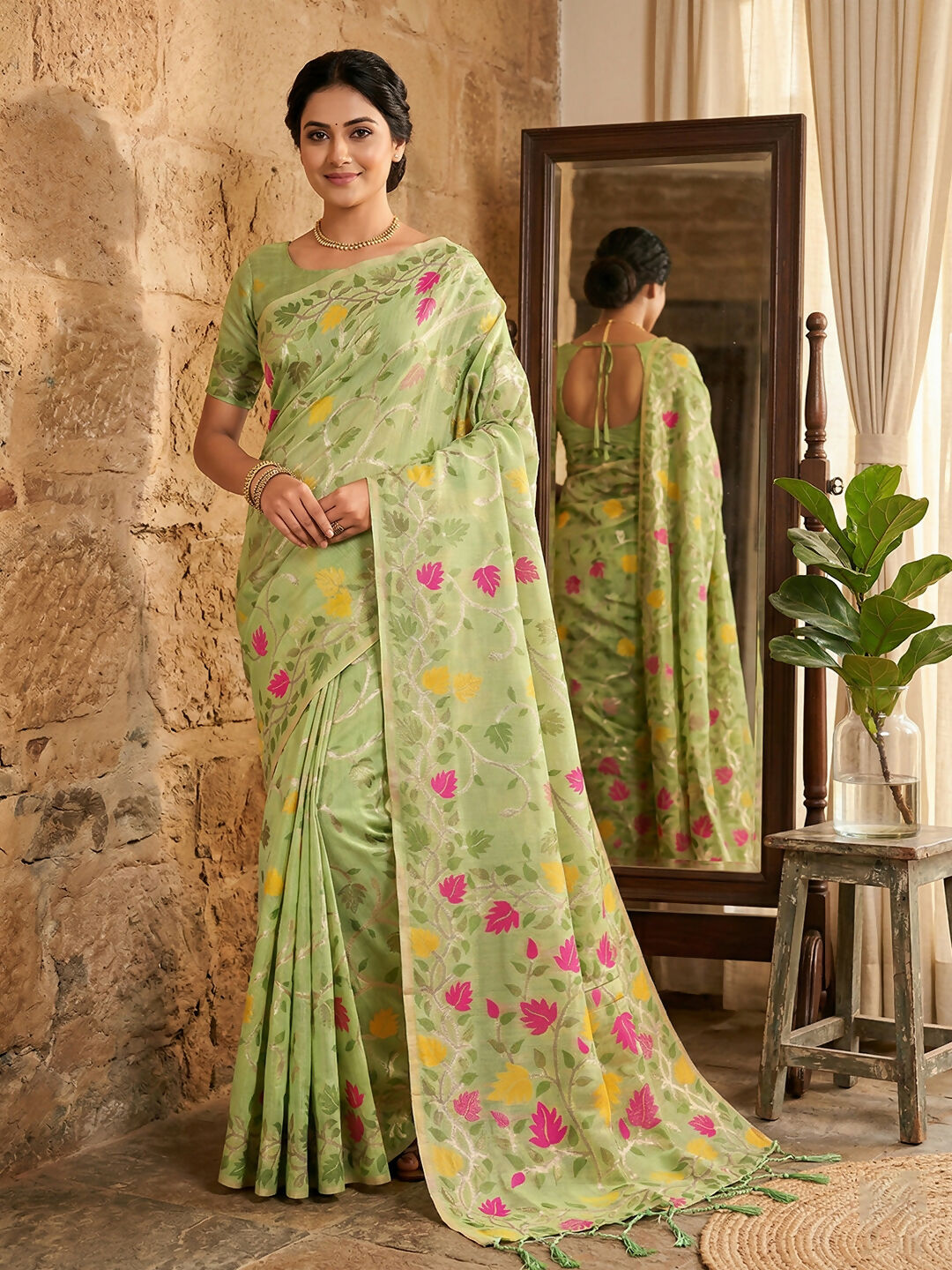 Shree Shyam Fashion Green Linen Cotton Saree - Distacart