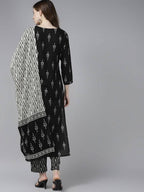 Yufta Women Black Ikat Printed Pure Cotton Kurta with Palazzo and Dupatta