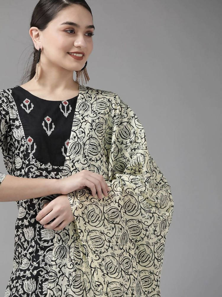 Yufta Black & Off-White Ethnic Screen Print Cotton Straight Kurta Palazzo & Dupatta