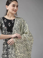 Yufta Black & Off-White Ethnic Screen Print Cotton Straight Kurta Palazzo & Dupatta