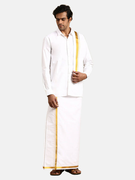 Ramraj Cotton Mens 1/2 " Poly Cotton 3 In 1 Dhoti, Towel - White
