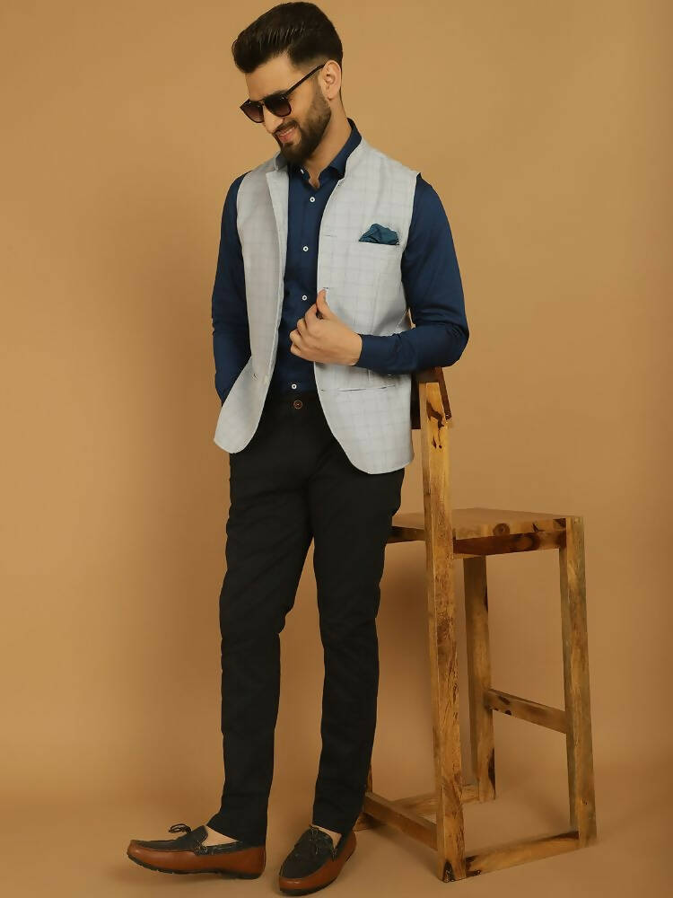 Even Apparels Nehru Jacket With Welt Pockets - Blue