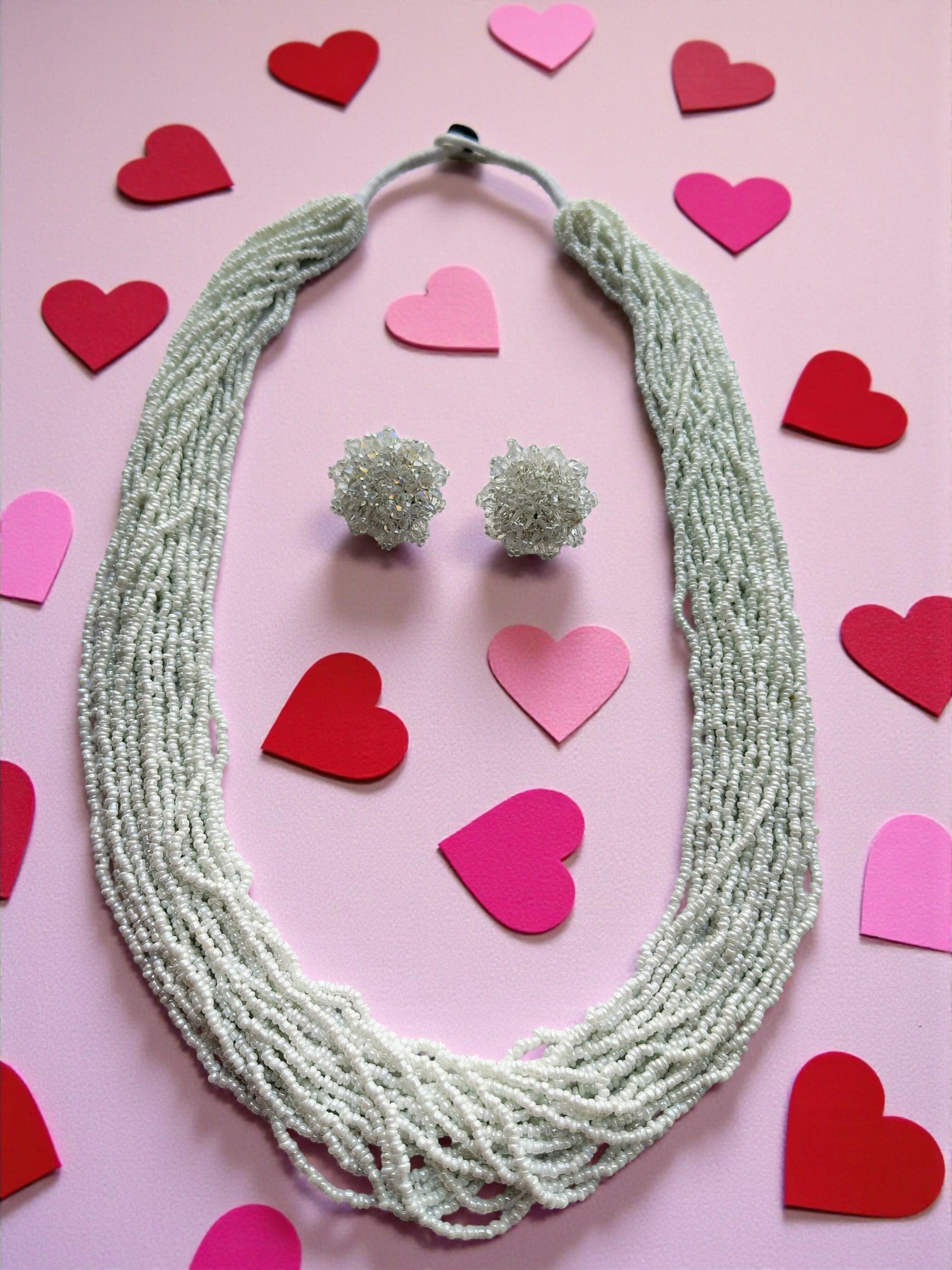 Inhanns Rangsaaz 20-Layer Luxe Long Beaded Necklace (With Optional Statement Earrings) - White With Earring Long