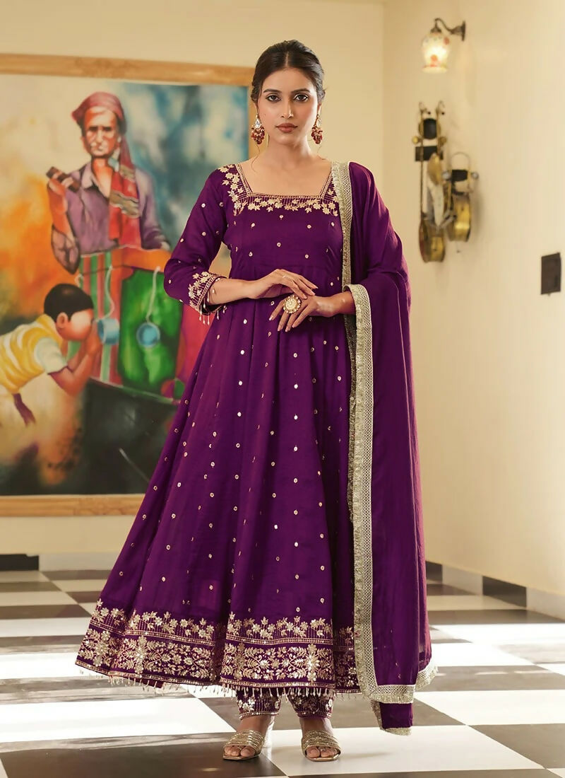 Teeya Creation Wine Color Pure Vichitra Silk Embroidery Work Party Wear Gown - Distacart