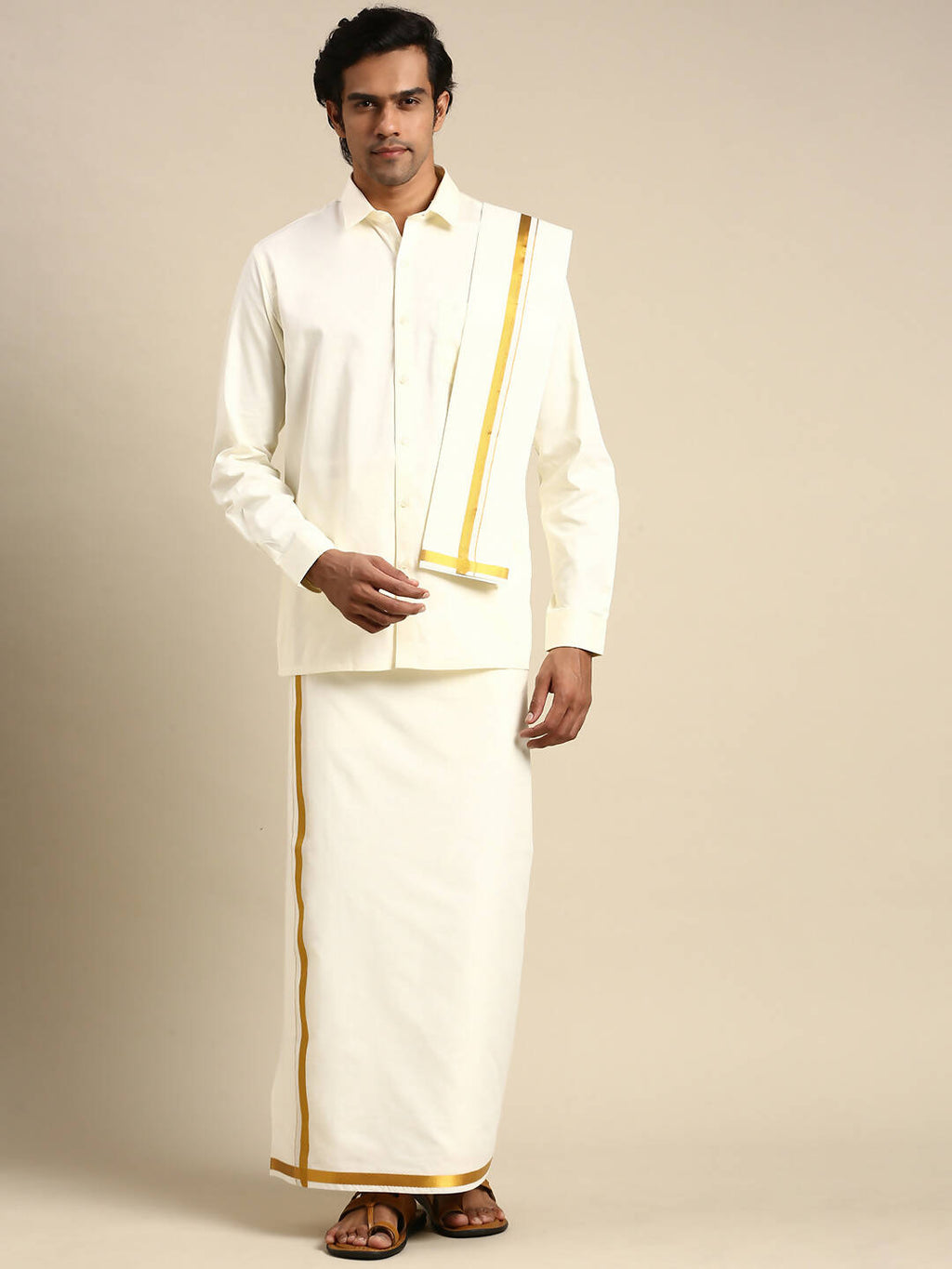 Ramraj Cotton Premium Wedding Cream Regular Dhoti, Shirt & Towel Set Arathi 3/4"
