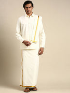 Ramraj Cotton Premium Wedding Cream Regular Dhoti, Shirt & Towel Set Arathi 3/4"