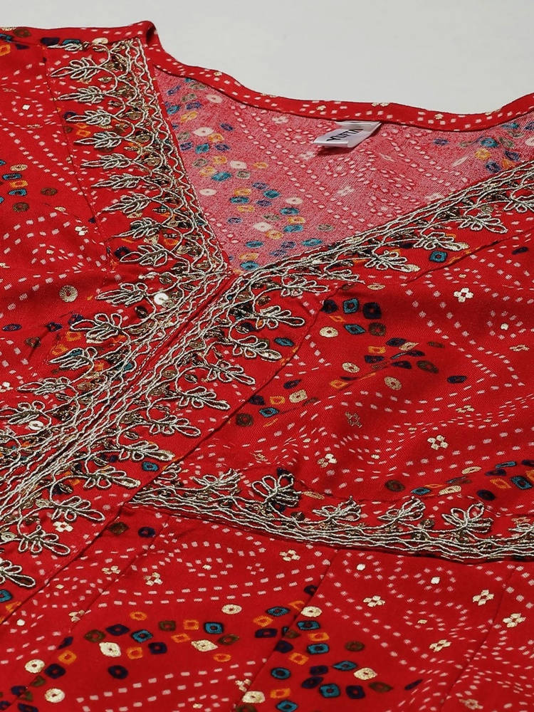 Yufta Women Red Bandhani Printed Kurta