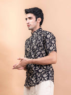 Miravan Men's Floral Printed Half Sleeve Spread Collar Ethnic Motifs Black Slim Fit Shirt