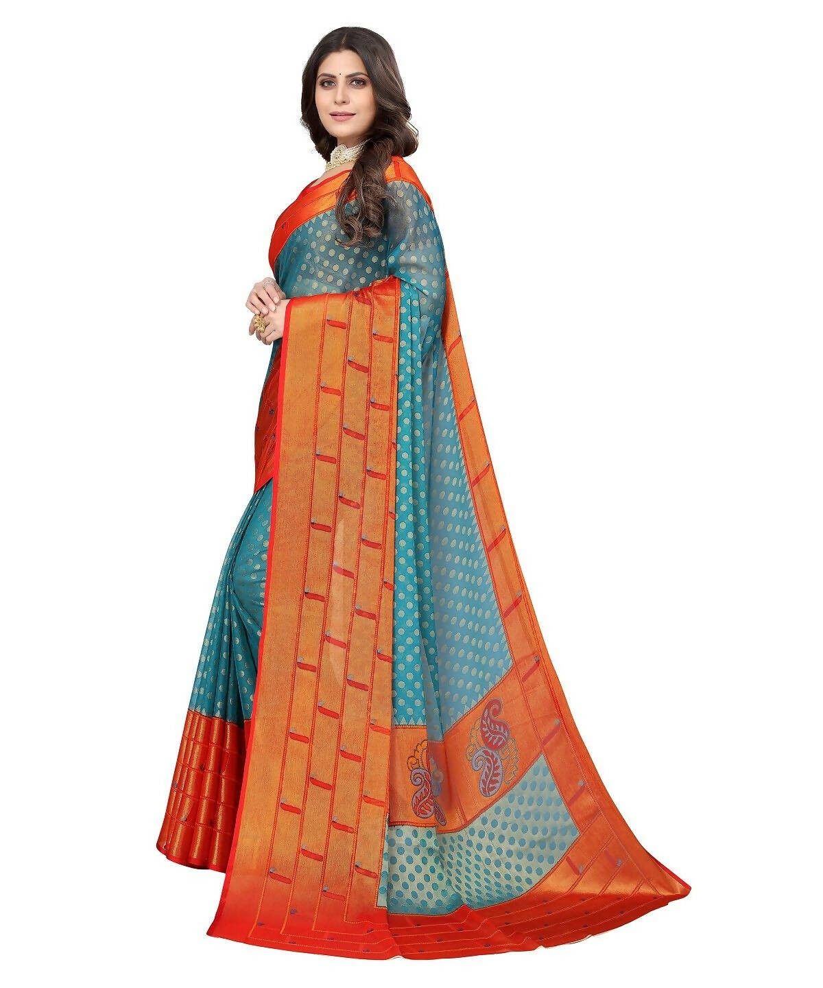 Vamika Sky Blue Chiffon Brasso Bollywood Style Woven Saree (DIMPLE SKY BLUE) - Distacart