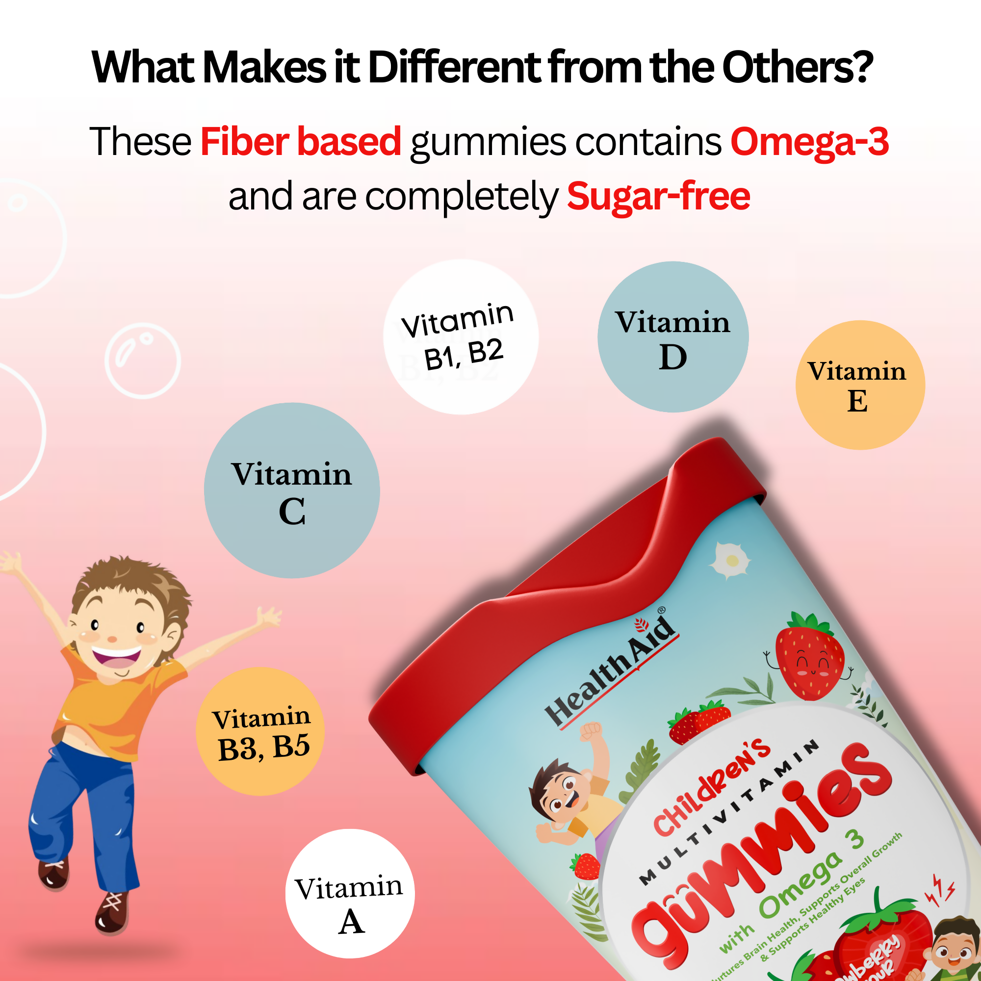 HealthAid Children's Multivitamin Gummies with Omega 3 Gummies - Strawberry Flavour - Distacart