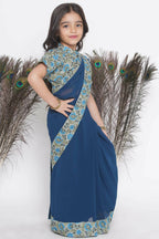 Little Bansi Floral Print Ready To Wear Saree And Floral Blouse - Blue