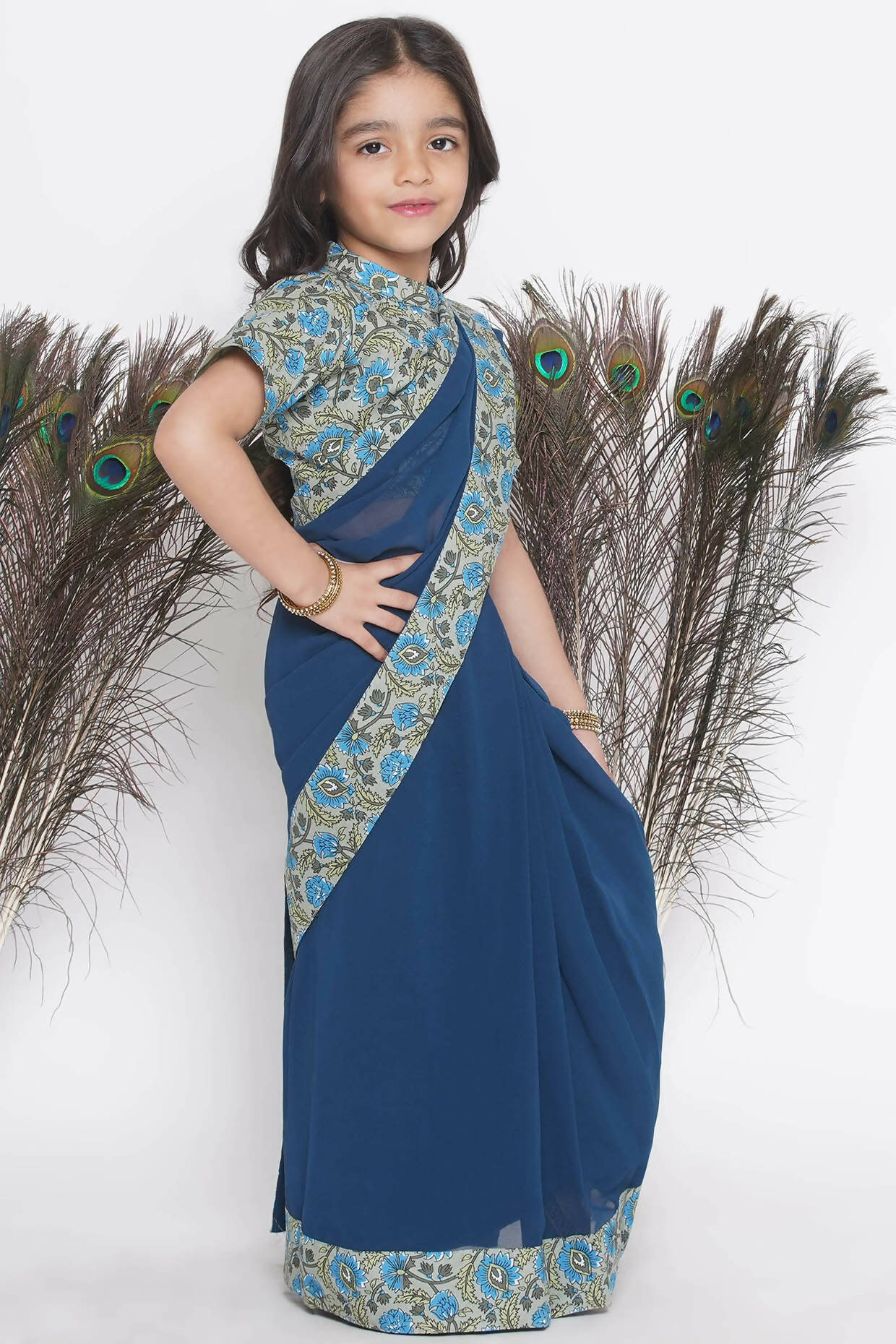 Little Bansi Floral Print Ready To Wear Saree And Floral Blouse - Blue