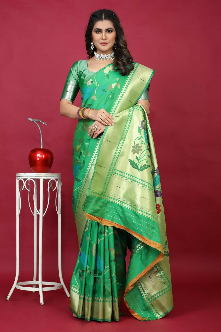 Jyoti Fashion Women's Green Paithani Silk Zari Woven Saree with Blouse