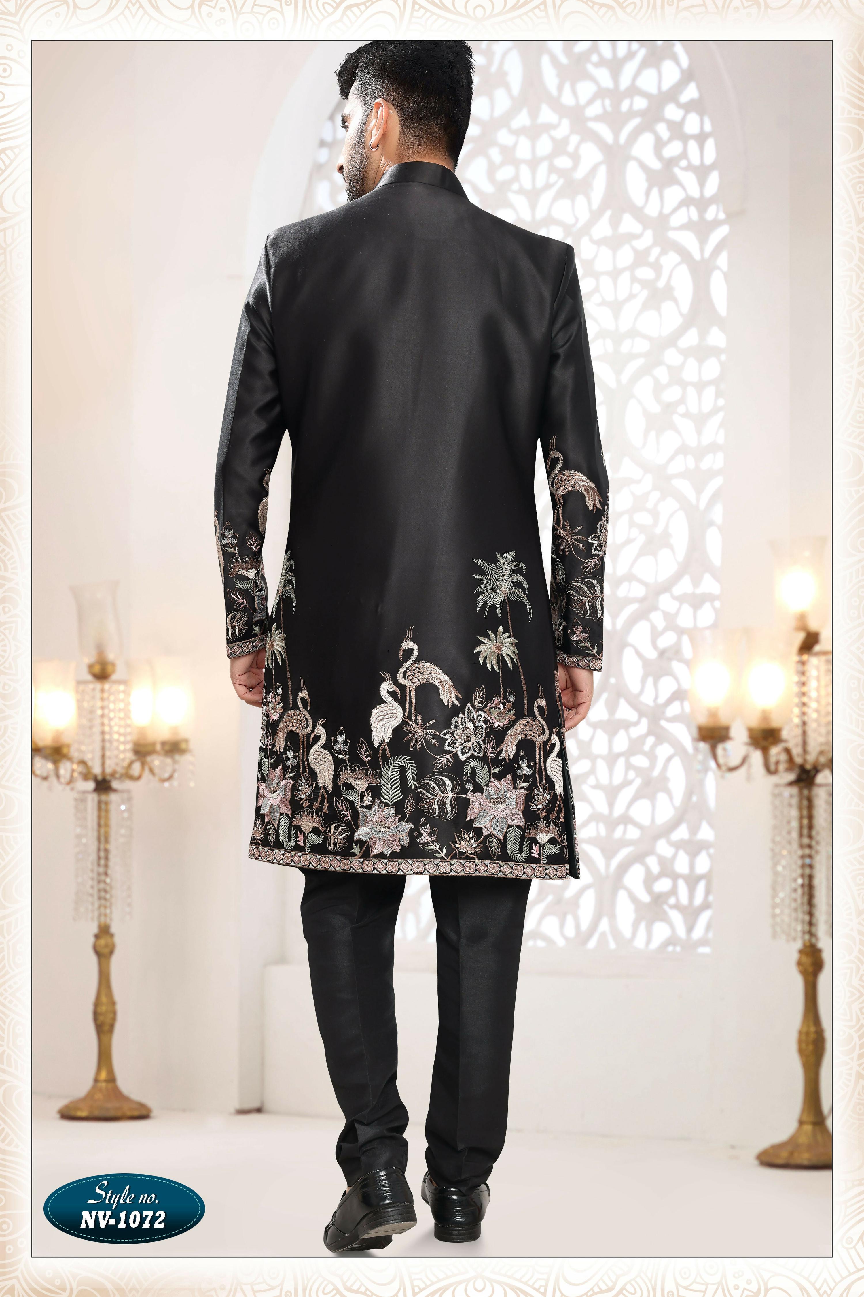 Joban Fashion Men's Black Straight Malai Silk Thread And Sequence Embroidery All Over 3 Pc Kurta Set