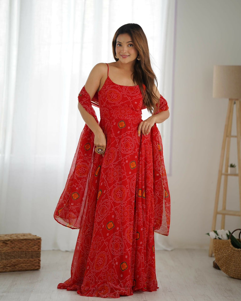 The52 Women's Beautiful Printed Chiffon Bandhej Fabric Flared Anarkali Pant and Dupatta Set - Distacart