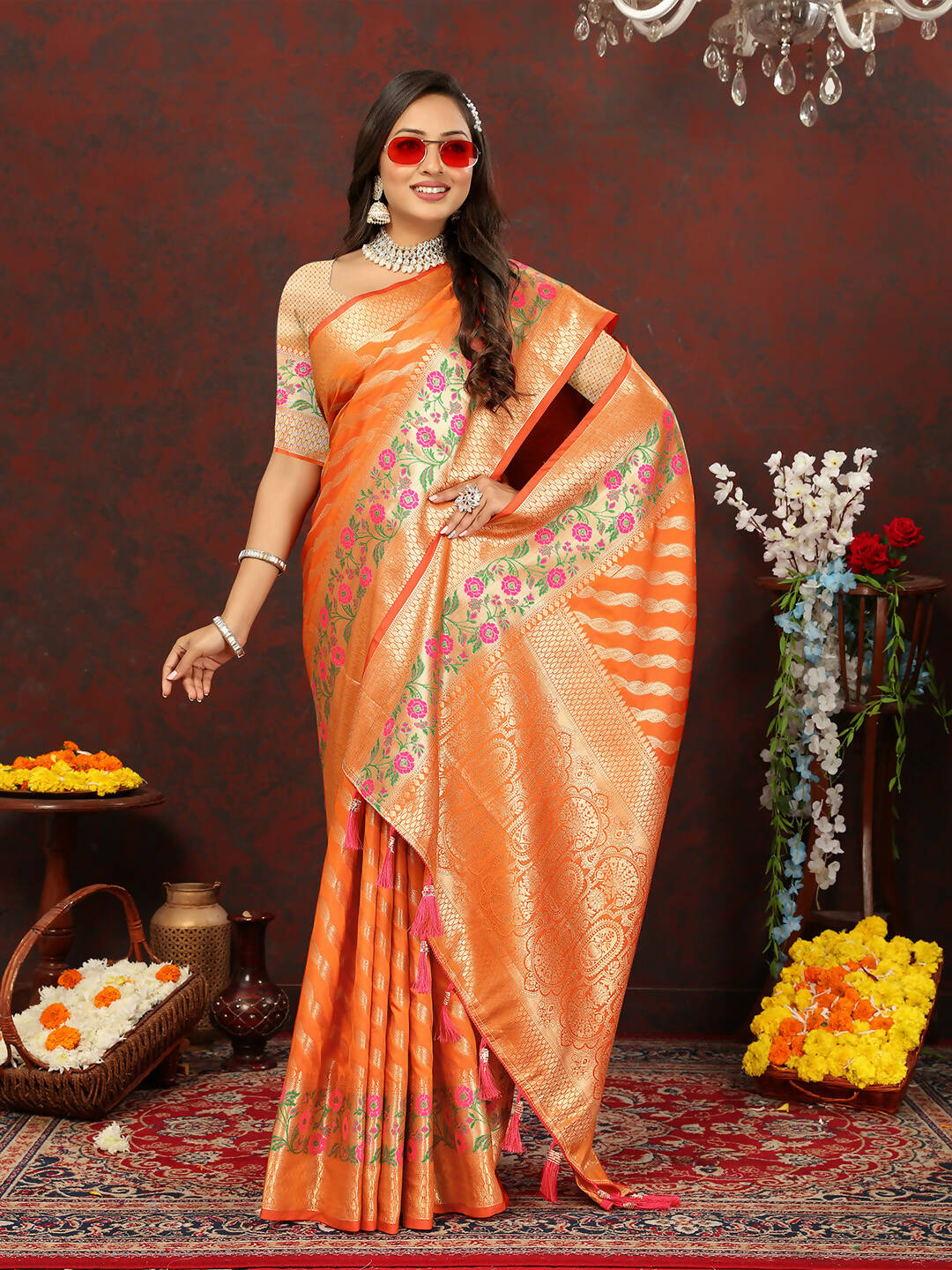 Lorenvalley Fashion Orange Soft Silk Woven Design with Zari Weaving Leheriya Design Saree