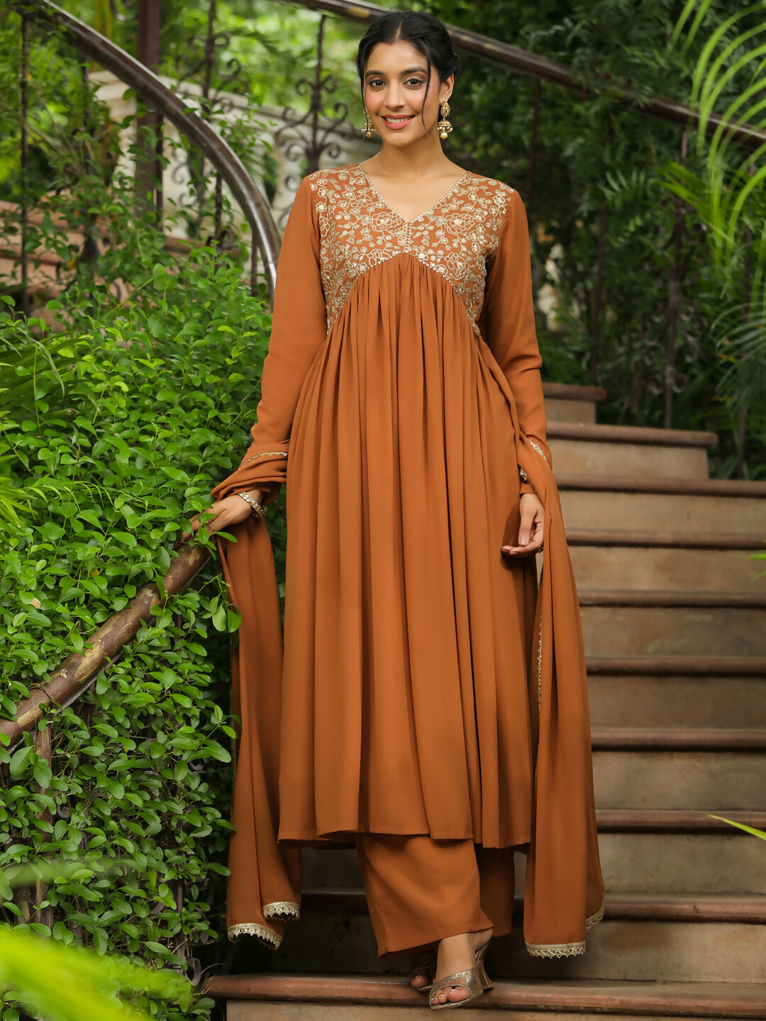 Janasya Brown Georgette Yoke Embroidery Kurta,Bottom & Dupatta