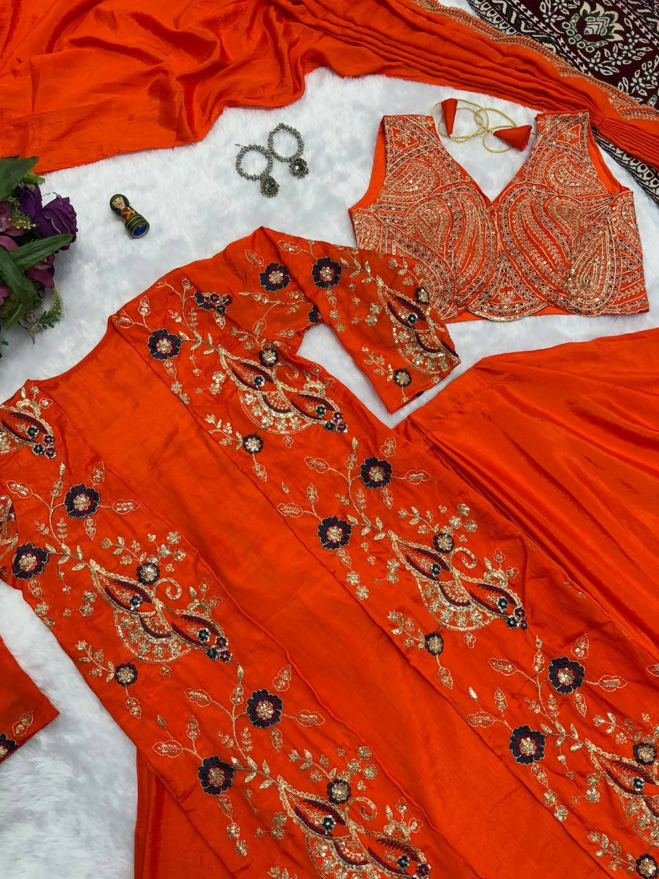 Teeya Creation Orange Color Chinon Silk Designer Embroidery Work Ready To Wear Saree With Koti - Distacart