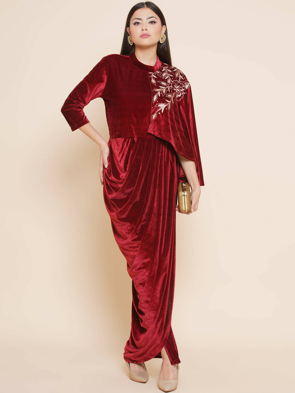 Women Republic Maroon Velvet Drape Styel Gown - Distacart