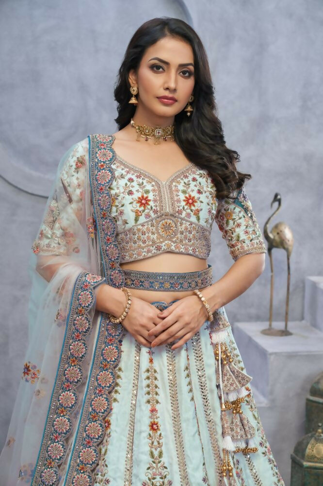 Kesar Fab Blue Silk Embroidered Lehenga