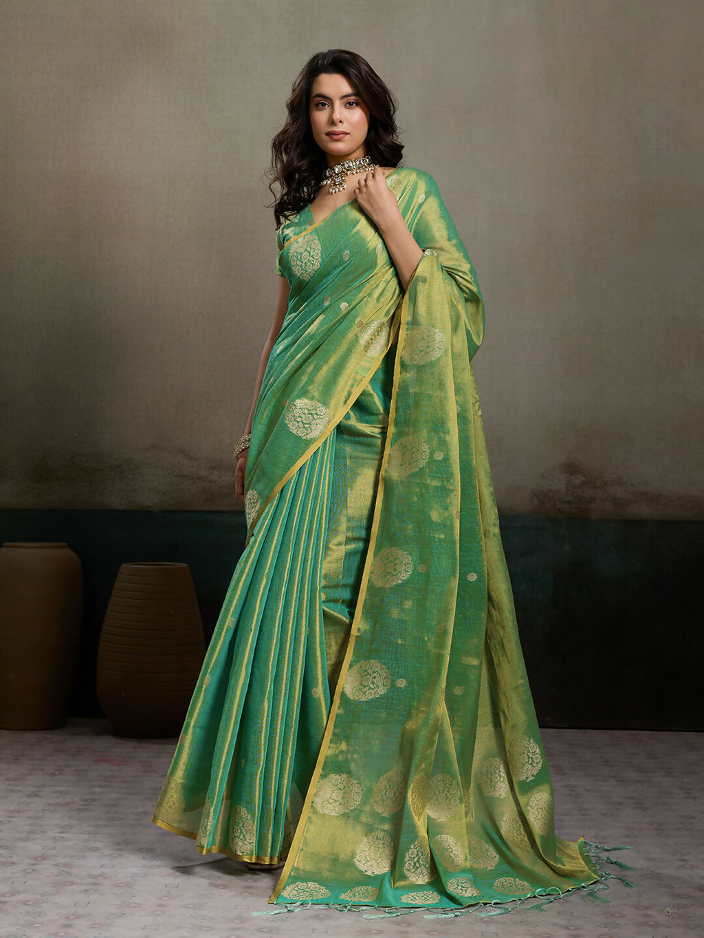 Shree Shyam Fashion Green Tissue Silk Saree - Distacart