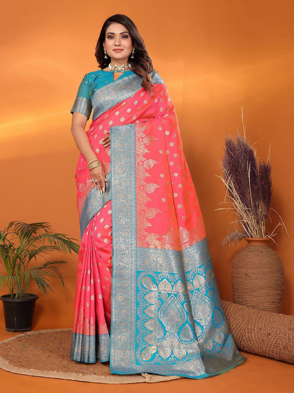 Joban Fashion Banarasi Pink Woven Soft Silk Saree - Distacart