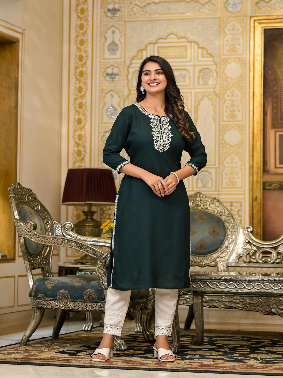 Juniper Women's Green Thread Embroidered Rayon Kurta