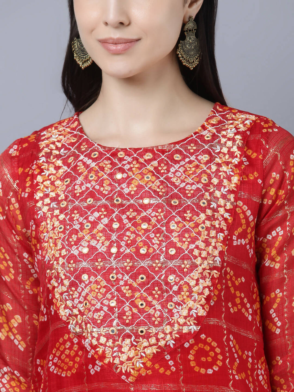 Myshka Women Red Yellow Bandhani Printed Mirror Work Kurta - Distacart