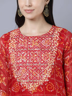 Myshka Women Red Yellow Bandhani Printed Mirror Work Kurta - Distacart