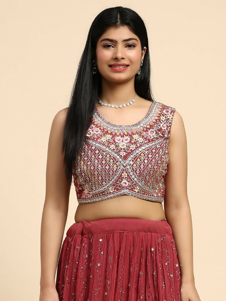 Red Georgette Embroidered Lehenga choli with Dupatta - Dhara