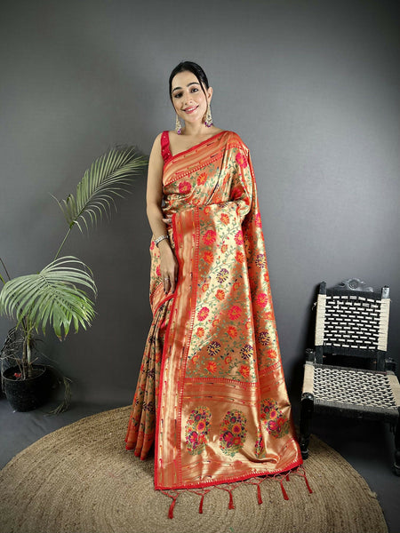 Joban Fashion Light Orange Multi-Colored Floral Motifs Soft Silk Paithani Saree