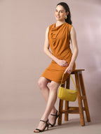 Myshka Women's Mustard Solid Cowl Neck Bodycon Party Dress - Distacart