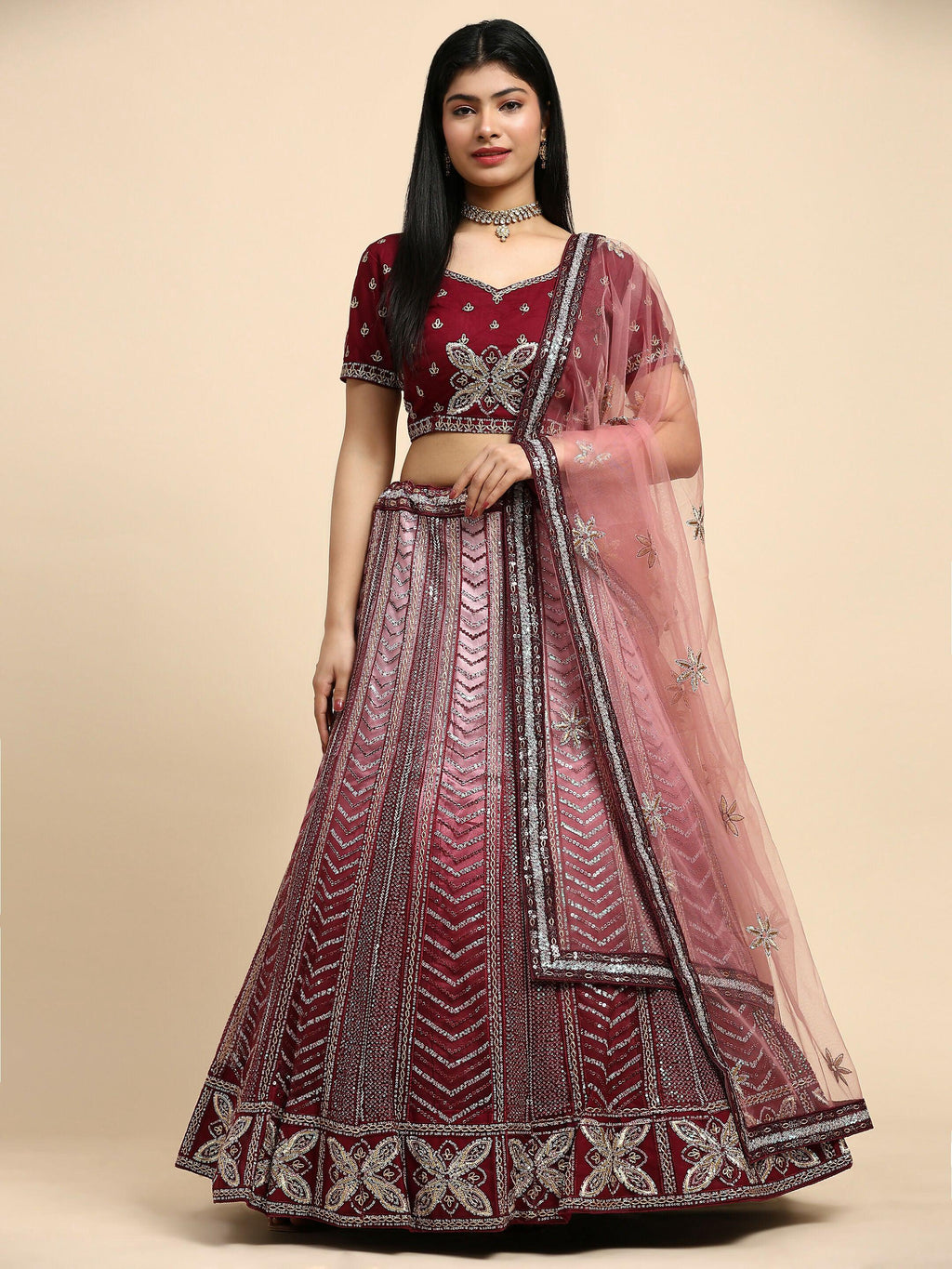 Maroon Fancy Net Sequence Embroidered Lehenga Choli with Dupatta - Dhara
