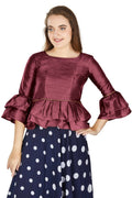 Aastha Fashion Women's Wine Art Silk Bell Sleeves attire with Poly Cotton Lining Blouse