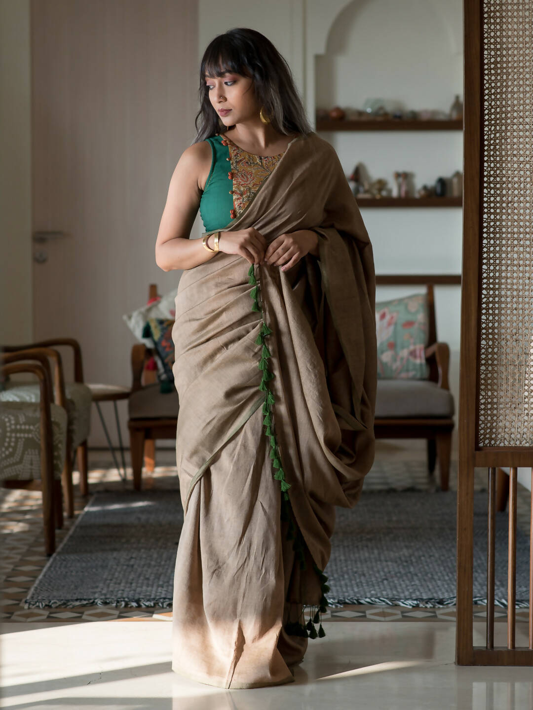 Suta Taupe Solid Cotton Blend Saree