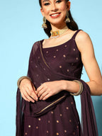Ahalyaa Women Wine Colour Crepe Gold Printed Kurta Sharara Set - Distacart
