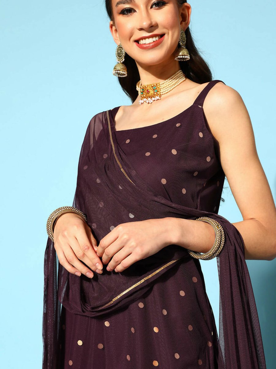 Ahalyaa Women Wine Colour Crepe Gold Printed Kurta Sharara Set - Distacart