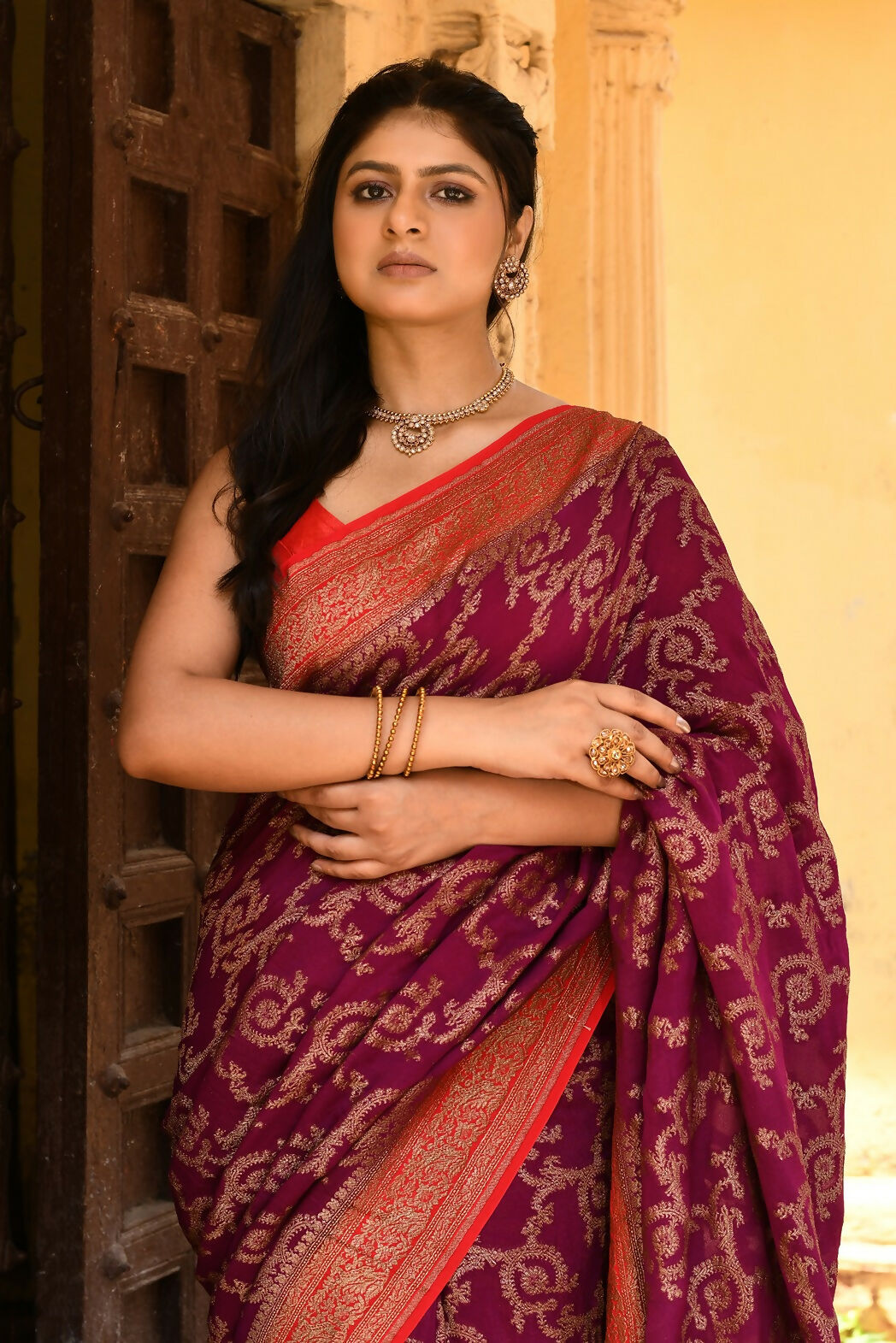 Joban Fashion Hot Pink Crepe Chiffon Pure Handloom Banarasi Silk Saree