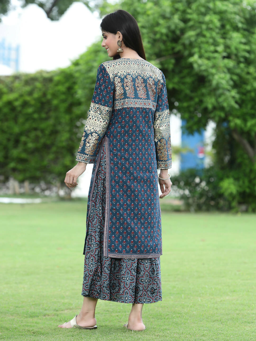 Juniper Women Teal Chanderi Festive Printed Tiered Kurta - Distacart