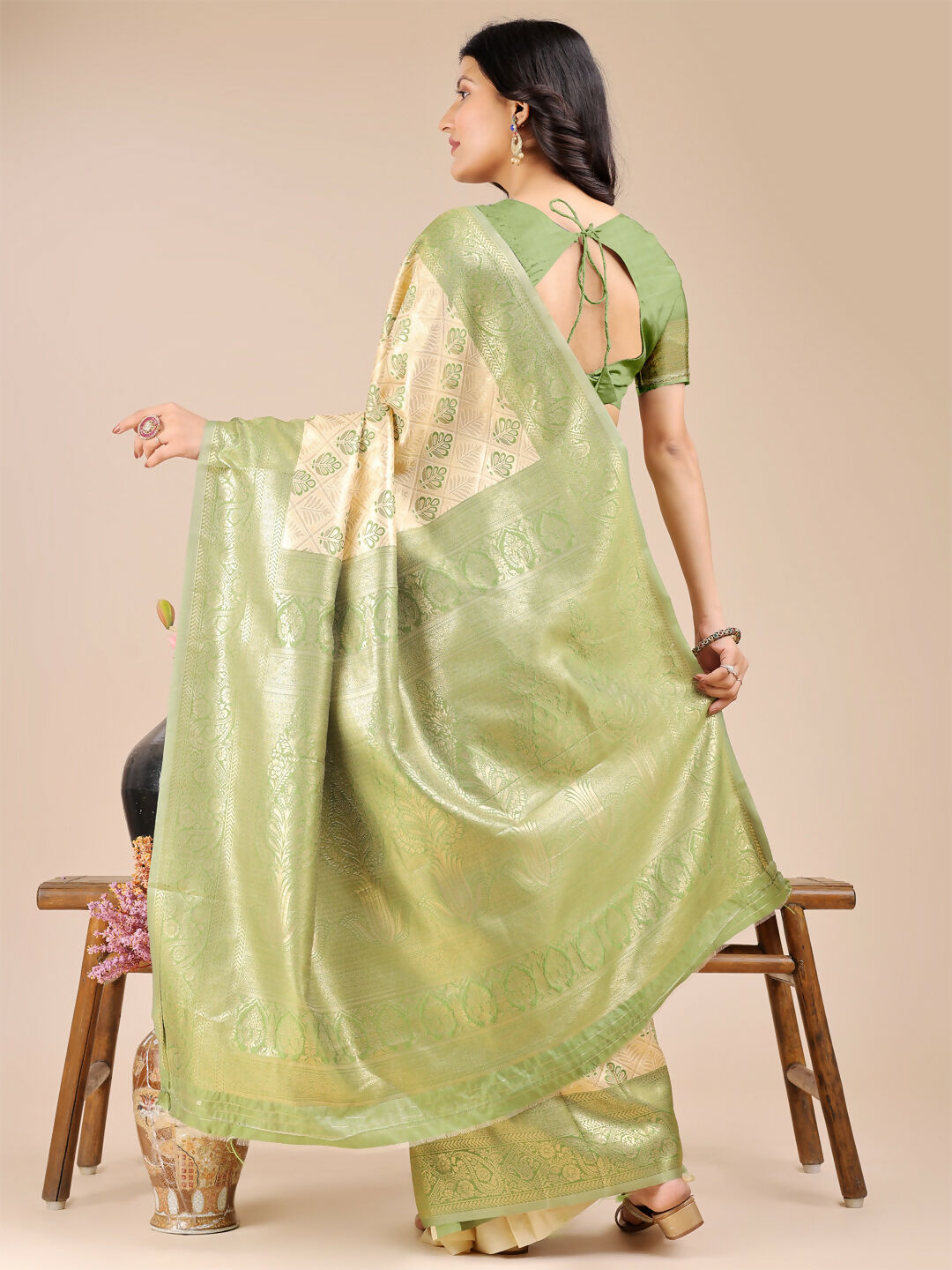 Shree Shyam Fashion Aura Silk Cream Light Green Banarasi Silk Saree