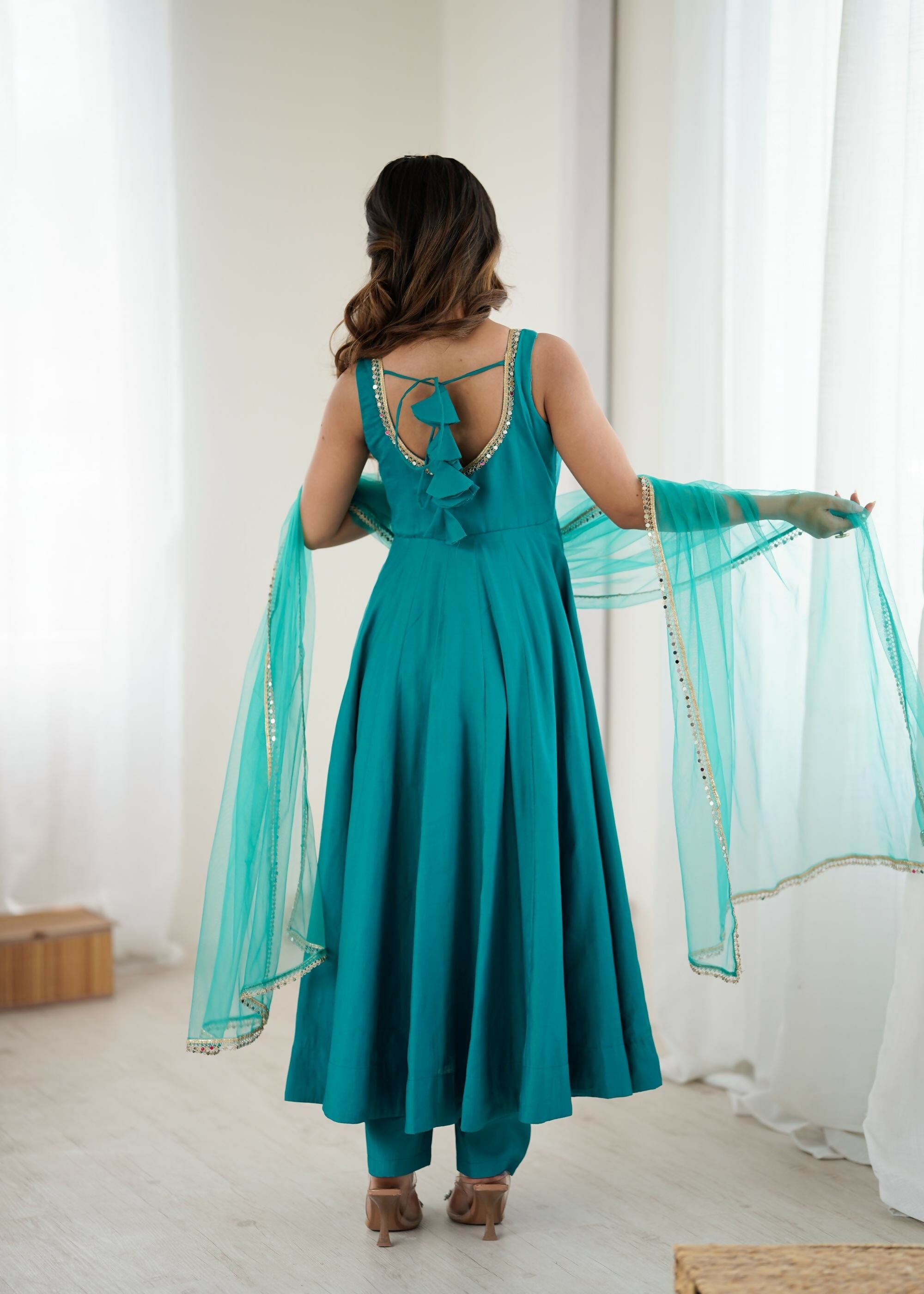 The52 Women's Beautiful Roman Silk Chanderi Fabric Flared Anarkali Pant and Dupatta Set - Distacart