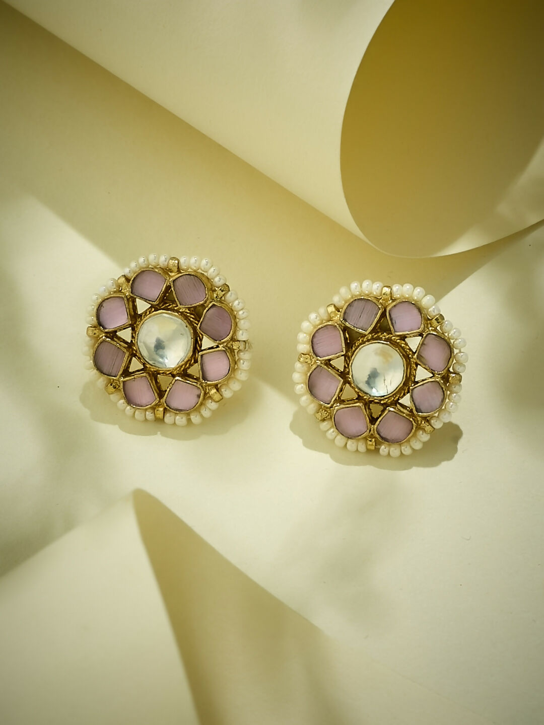 Nuyug 22K Gold-Plated Pink Kundan Studded & Beaded Floral Shaped Studs - Distacart