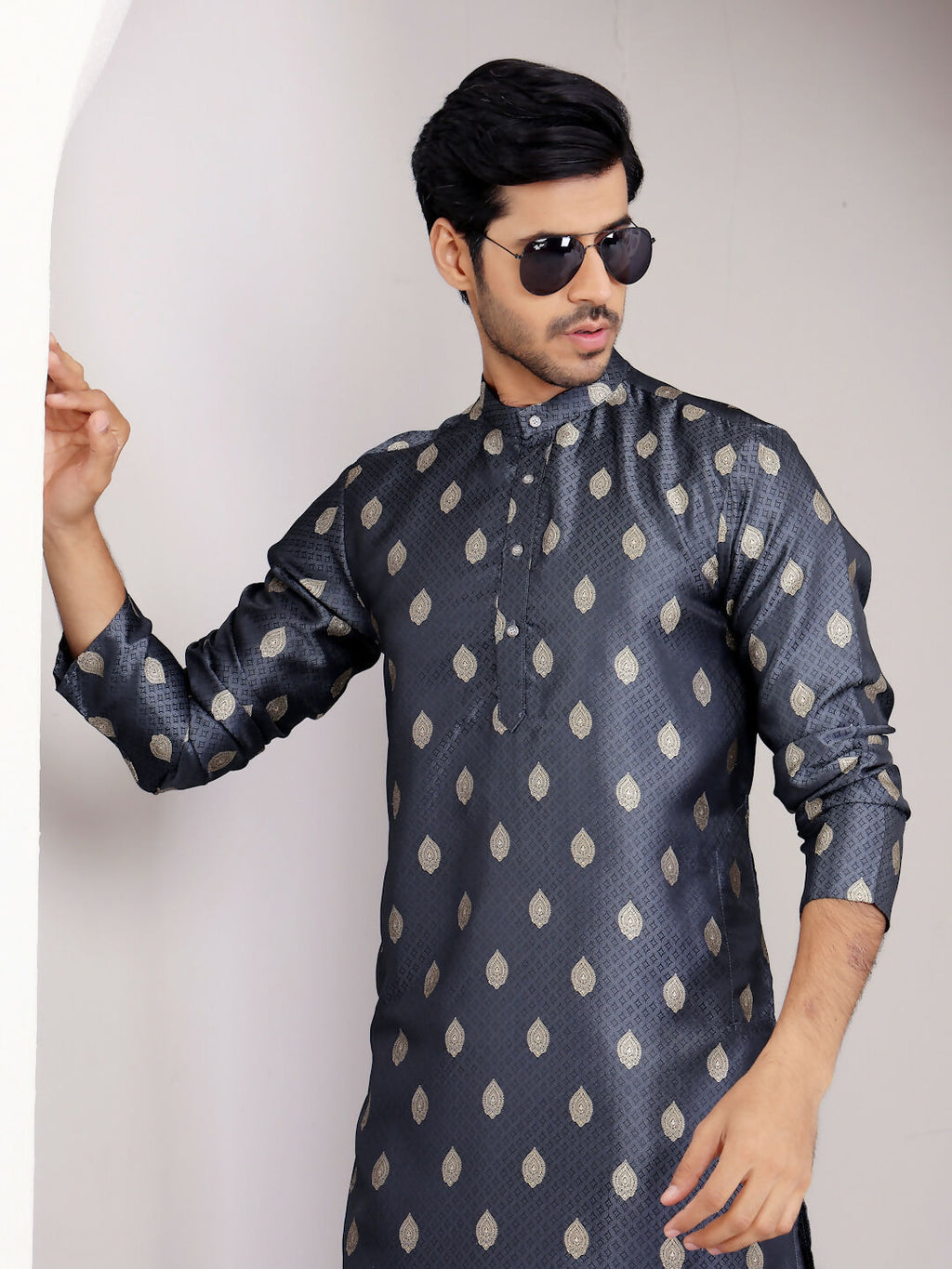 Navy Blue Viscose Woven Jacquard Work Men's Kurta - Mahotsav