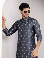 Navy Blue Viscose Woven Jacquard Work Men's Kurta - Mahotsav