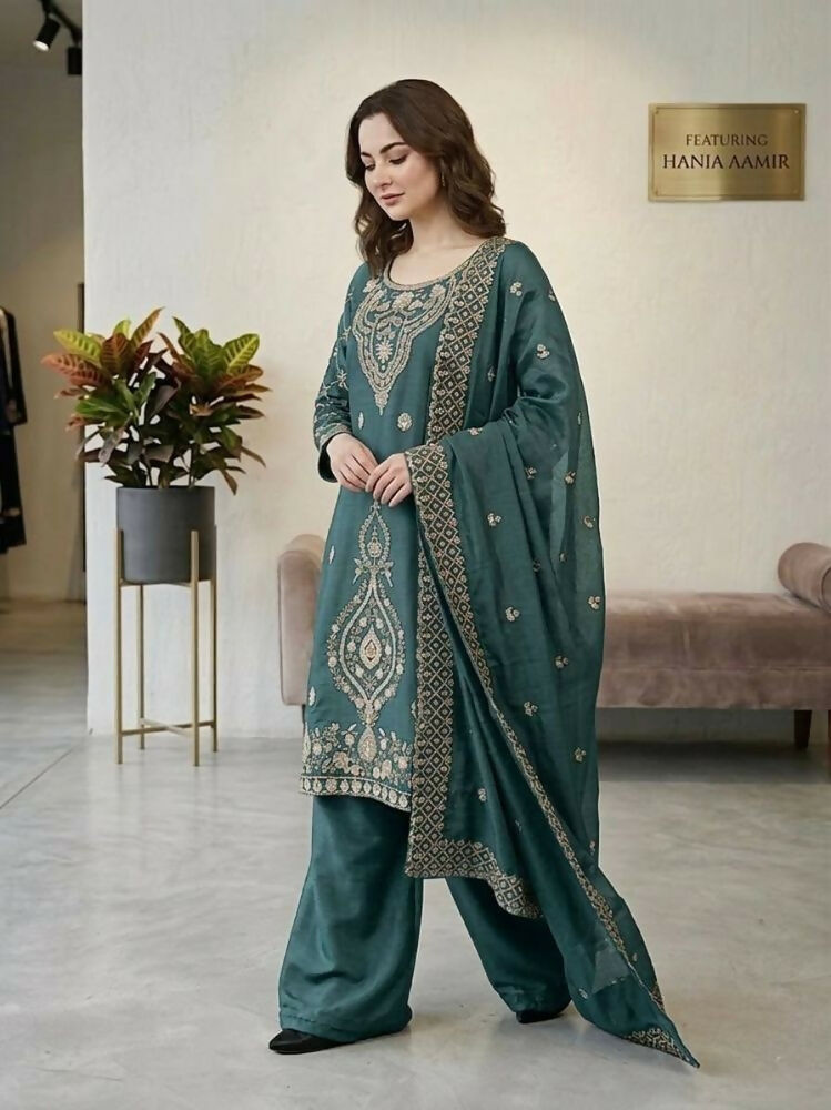 Teeya Creation Teal Color Gimmychu Silk Embroidery Work Wedding Wear Salwar Suit - Distacart