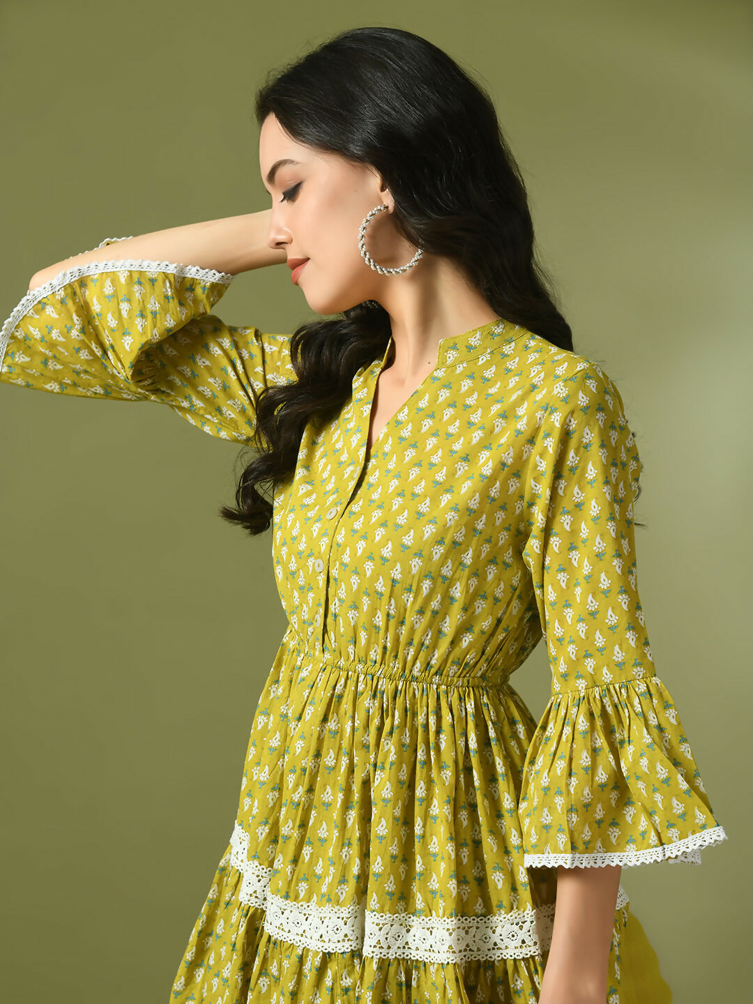 Myshka Women's Yellow Embellished Cotton Gathered Party Empire Top