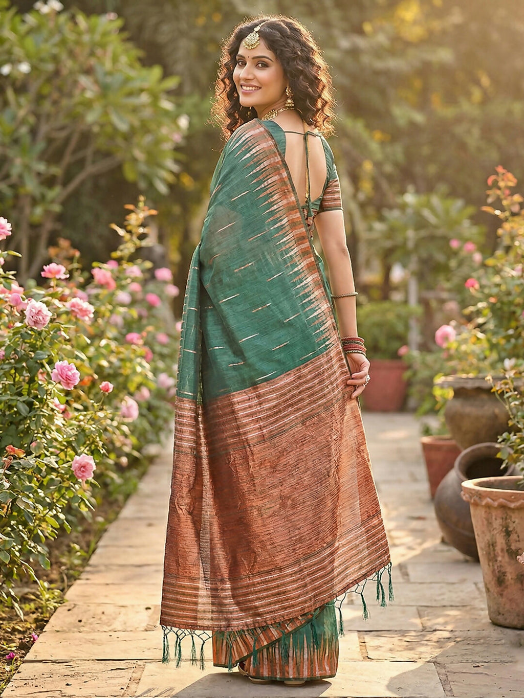 Shree Shyam Fashion Green Linen Cotton Saree - Distacart